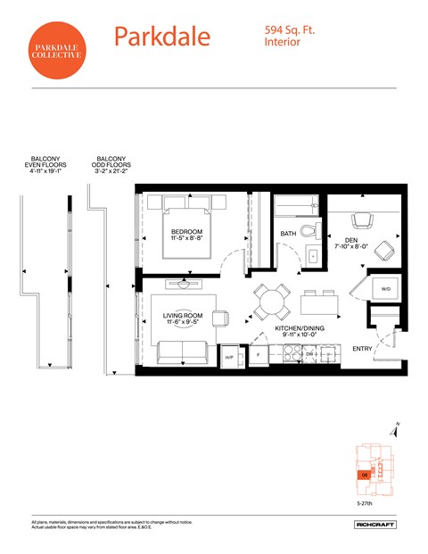 Floor plan for 1 bed, 1 bath, 594 sqft